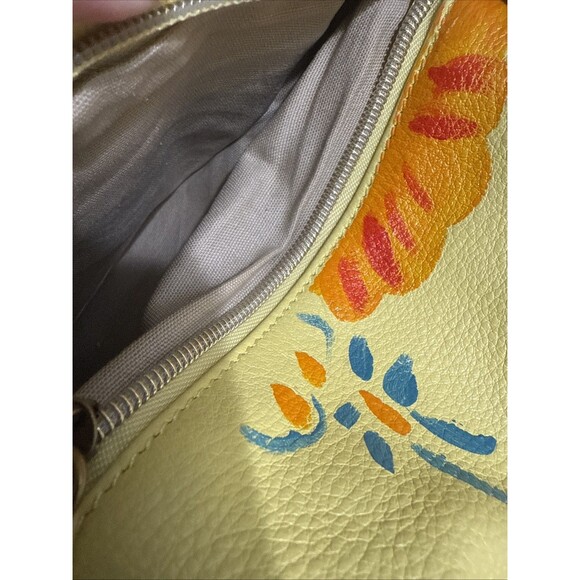 Elliott Lucca Leather Purse Yellow Hand Painted w/ Wood Gold Accents Soft EUC - Picture 8 of 16